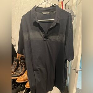 Travis Mathew black with gray strip golf polo